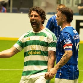 Celtic's Charlie Mulgrew celebrates his side's Tennent's Sixes cup final win over Rangers on Sunday. Cr: SNS Group.