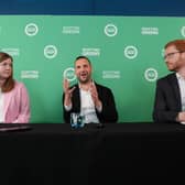 Scottish Green co-leaders Gillian Mackay and Ross Greer with leader of the Green Party of England and Wales Zack Polanski (centre).