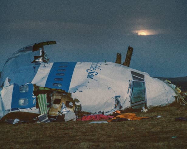 Wreckage of Pan Am flight 103 lies in a field near Lockerbie after the bombing in December 1988