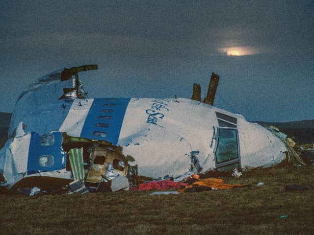 Wreckage of Pan Am flight 103 lies in a field near Lockerbie after the bombing in December 1988