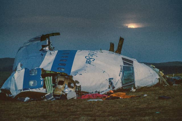 Wreckage of Pan Am flight 103 lies in a field near Lockerbie after the bombing in December 1988