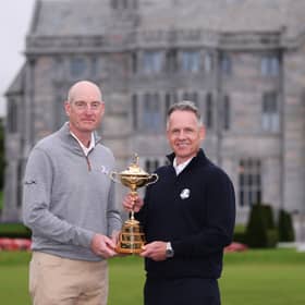 Tam US captain Jim Furyk, left, and his European counterpart Luke Donald pose with the trophy during the Ryder Cup 2027 Year to Go event Adare Manor in Limerick 