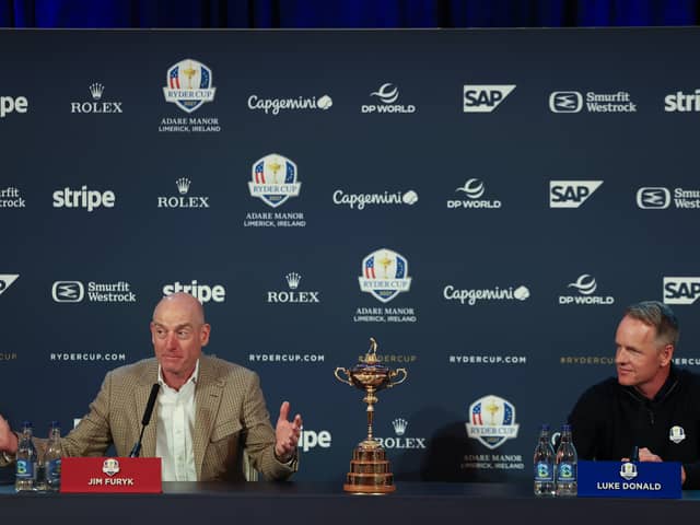 Team US captain Jim Furyk, left, and Team Europe captain Luke Donald speak during a Ryder Cup Year to Go Press Conference at Adare Manor in Limerick