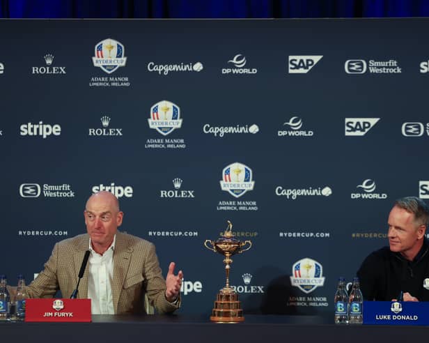 Team US captain Jim Furyk, left, and Team Europe captain Luke Donald speak during a Ryder Cup Year to Go Press Conference at Adare Manor in Limerick