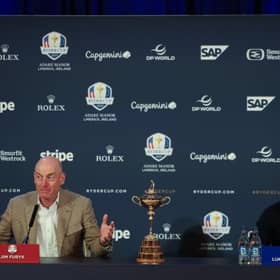 Team US captain Jim Furyk, left, and Team Europe captain Luke Donald speak during a Ryder Cup Year to Go Press Conference at Adare Manor in Limerick