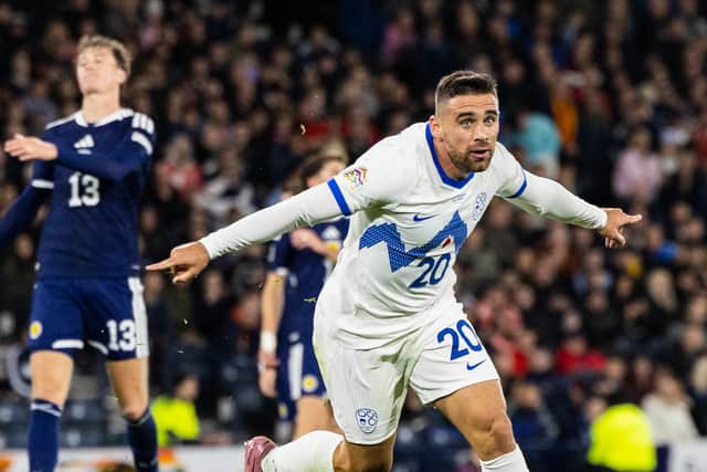 Slovenia's Aljosa Matko celebrates after scoring the equaliser against Scotland at Hampden. (Photo by Ross Parker / SNS Group)