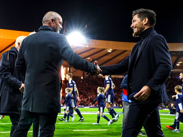 Former Scotland head coach Steve Clarke greets current boss Sebastien Pocognoli ahead of the Nations League defeat to Slovenia at Hampden. (Photo by Craig Williamson / SNS Group)
