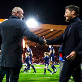 Former Scotland head coach Steve Clarke greets current boss Sebastien Pocognoli ahead of the Nations League defeat to Slovenia at Hampden. (Photo by Craig Williamson / SNS Group)