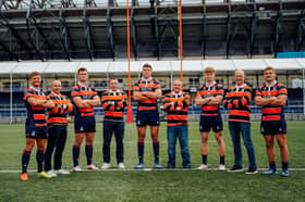 Edinburgh Rugby players past and present model the club's new European kit for the 2026/27 season (Pic: Edinburgh Rugby)