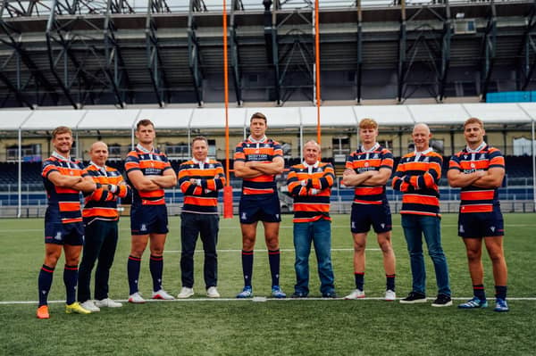 Edinburgh Rugby players past and present model the club's new European kit for the 2026/27 season (Pic: Edinburgh Rugby)