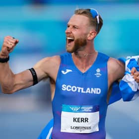 Gold medallist Josh Kerr celebrates after winning the men's mile final at the Glasgow 2026 Commonwealth Games at Scotstoun Stadium on August 1, 2026.