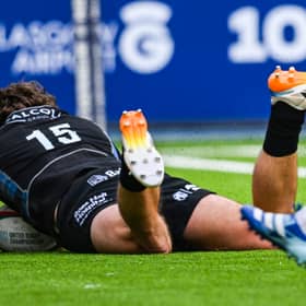 Glasgow Warriors' Josh McKay scores a first-half try during the BKT United Rugby Championship draw with Ulster at Scotstoun Stadium, on October 3.