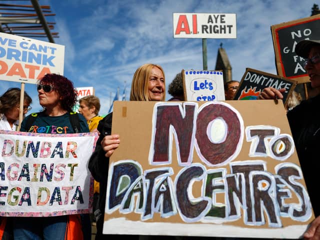 Activists protest against data centres outside the Scottish Parliament last month (Picture: Jeff J Mitchell)