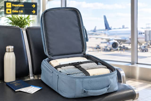 This 40x30x20cm Ryanair cabin backpack has multiple compartments, laptop storage and side bottle pockets.