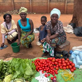 From left, Madalitso, Alefa, two-year-old Iana, and her mother Brenda, at the side of a road in Area Three, Lilongwe. Madalitso sells airtime vouchers for Airtel Malawi, while Alefa and Brenda have a stall selling the essentials of life: maize flour, tomatoes, greens and cooking oil.