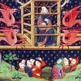 Alexander the Great, in a cage, being carried aloft by griffins in the mid 15th century