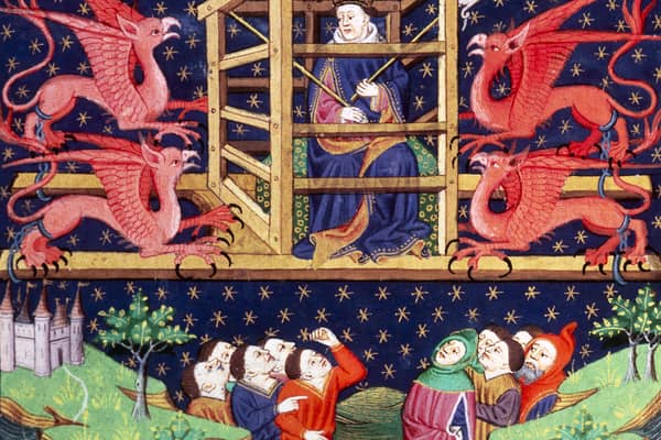 Alexander the Great, in a cage, being carried aloft by griffins in the mid 15th century