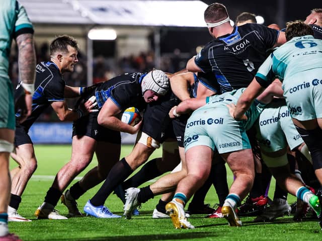 Gregor Hiddleston, with ball, on his way to scoring his second try for Glasgow Warriors during the United Rugby Championship win over Connacht at Scotstoun Stadium.