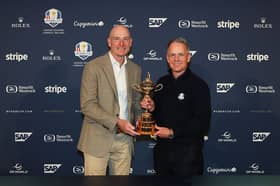 Team USA captain Jim Furyk and Team Europe captain Luke Donald pose with the Ryder Cup at a Year to Go Press Conference at Adare Manor on Tuesday 