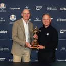 Team USA captain Jim Furyk and Team Europe captain Luke Donald pose with the Ryder Cup at a Year to Go Press Conference at Adare Manor on Tuesday 