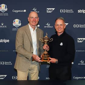 Team USA captain Jim Furyk and Team Europe captain Luke Donald pose with the Ryder Cup at a Year to Go Press Conference at Adare Manor on Tuesday 