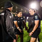 Sione Tuipulotu and Josh McKay enjoy the moment after Glasgow Warriors' win over Connacht at Scotstoun Stadium in the United Rugby Championship.