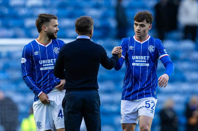 Rangers' Findlay Curtis (R) and Kilmarnock Manager Neil McCann (L) at full time. (Photo by Craig Williamson / SNS Group)