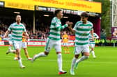 Celtic's Camilo Duran celebrates with Sebastian Tounekti and Kasper Hogh after scoring to make it 1-0 against Motherwell at Fir Park