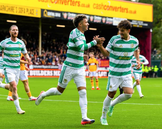 Celtic's Camilo Duran celebrates with Sebastian Tounekti and Kasper Hogh after scoring to make it 1-0 against Motherwell at Fir Park