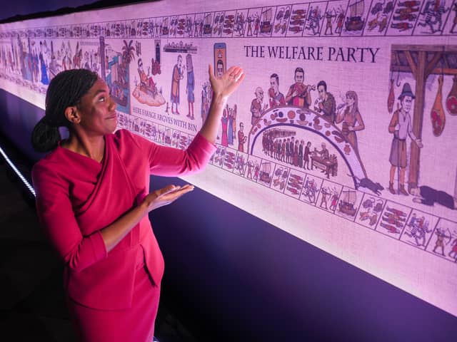 Conservative party leader Kemi Badenoch inspects the 'Birmingham tapestry' at the Conservative party conference in Birmingham last week (Picture: Christopher Furlong)