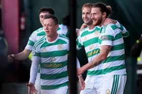 Celtic's Benjamin Nygren (second right) celebrates with his team mates after scoring his sides second goal against Motherwell