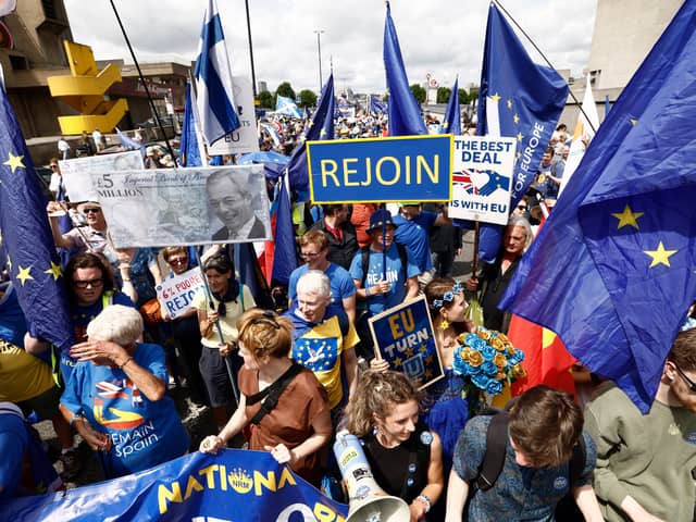 Pro-EU demonstrators attend a rally in London in June this year to mark the tenth anniversary of the Brexit referendum (Picture: Brook Mitchell)