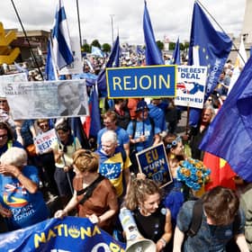 Pro-EU demonstrators attend a rally in London in June this year to mark the tenth anniversary of the Brexit referendum (Picture: Brook Mitchell)