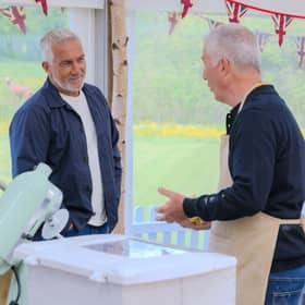 Paul Hollywood chatting with baker Gary during Week 4 of The Great British Bake Off series 17. 