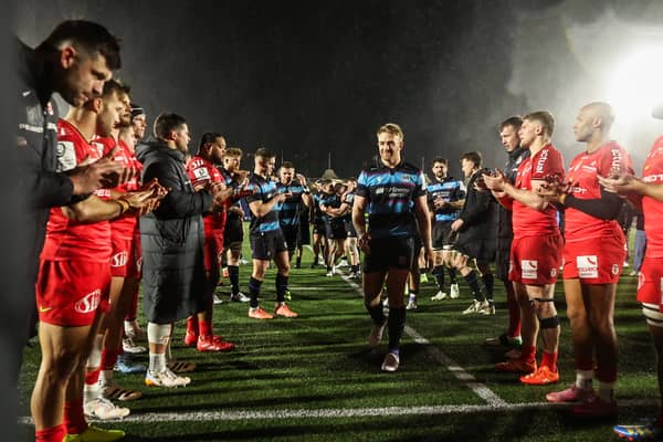 Glasgow Warriors captain Kyle Steyn receives a guard of honour at full time after the club's stunning win over Stade Toulousain in the Investec Champions Cup at Scotstoun Stadium on December 13, 2025.