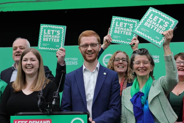 From left is Mark Ruskell MSP, co-leaders Gillian Mackay and Ross Greer, Lorna Slater MSP, Ariane Burgess MSP and Laura Moodie MSP.