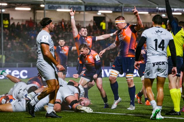 Boan Venter scores a try during Edinburgh Rugby's win over RC Toulon in the Investec Champions Cup at Hive Stadium on December 7, 2025.