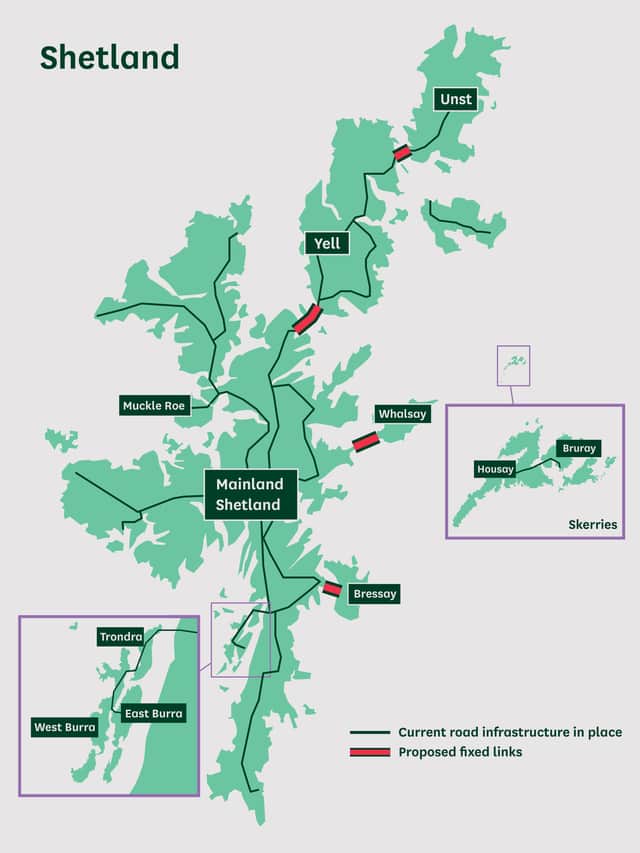 The four proposed Shetland tunnels marked in red