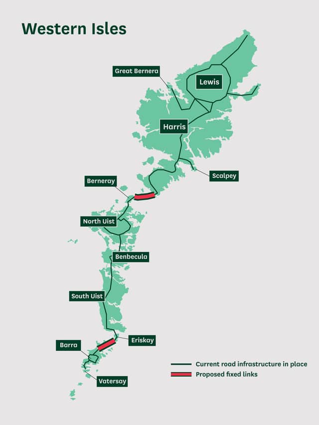 The proposed links to join up most of the Western Isles marked in red