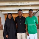 From left, students Veronica Jafali, Comfort Galimoto and Elida Chithumba outside the Great Hall of the University of Malawi, known as Unima.