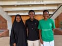From left, students Veronica Jafali, Comfort Galimoto and Elida Chithumba outside the Great Hall of the University of Malawi, known as Unima.