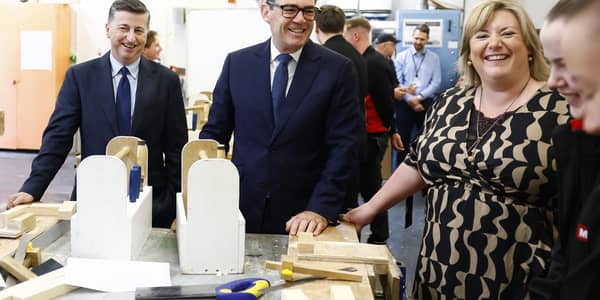 Prime Minister Andy Burnham and Scottish Secretary Douglas Alexander during a visit to to a college in Motherwell