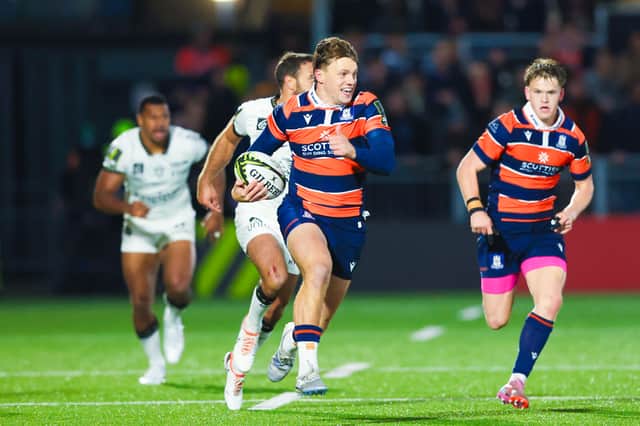 Edinburgh's Geordie Gwynn scores a try during the EPCR Challenge Cup loss to RC Toulon at Hive Stadium.