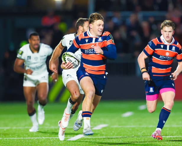 Edinburgh's Geordie Gwynn scores a try during the EPCR Challenge Cup loss to RC Toulon at Hive Stadium.