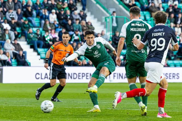 Hibernian's Jamie McGrath takes a shot during a William Hill Premiership match between Hibernian and Falkirk
