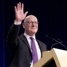 John Swinney delivers his keynote speech at the Scottish National Party (SNP) annual conference