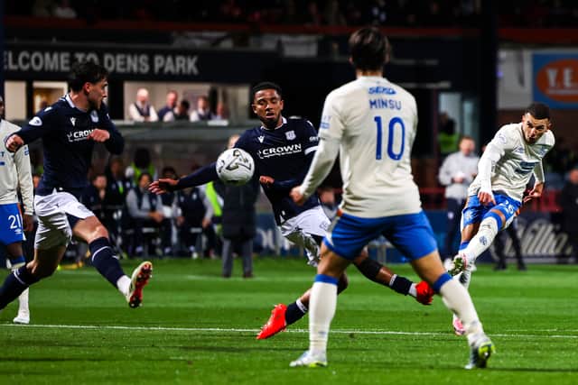 Rangers winger Badredine Bouanani scores with an unstoppable strike into the top left-hand corner to make it 1-1 against Dundee at Dens Park
