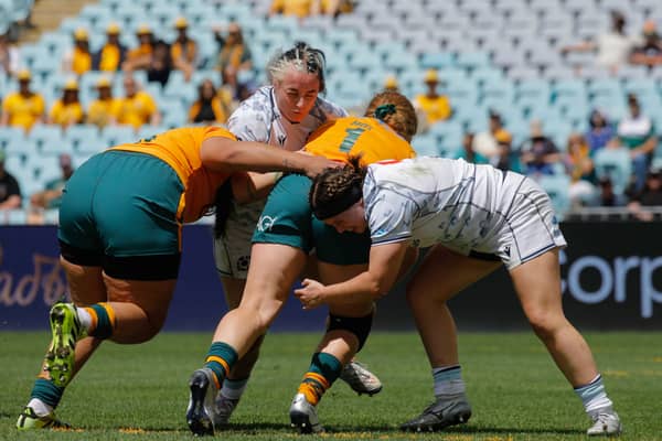 Scotland's Evie Gallagher and Anne Young try to keep Australia out.