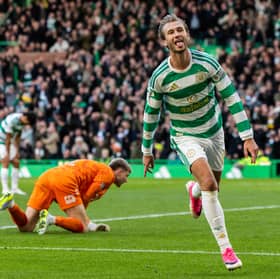 Celtic's Benjamin Nygren was among the scorers in the 7-1 win over Hearts.