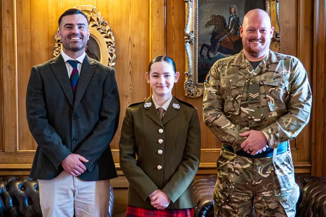 From left, veteran Mark Ferguson, Cadet Isabella Robertson, and serving soldier Cpl Fraser Hall